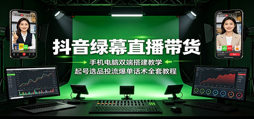 抖音绿幕直播带货:手机电脑双端搭建教学,起号选品投流爆单话术全套教程-极客网创