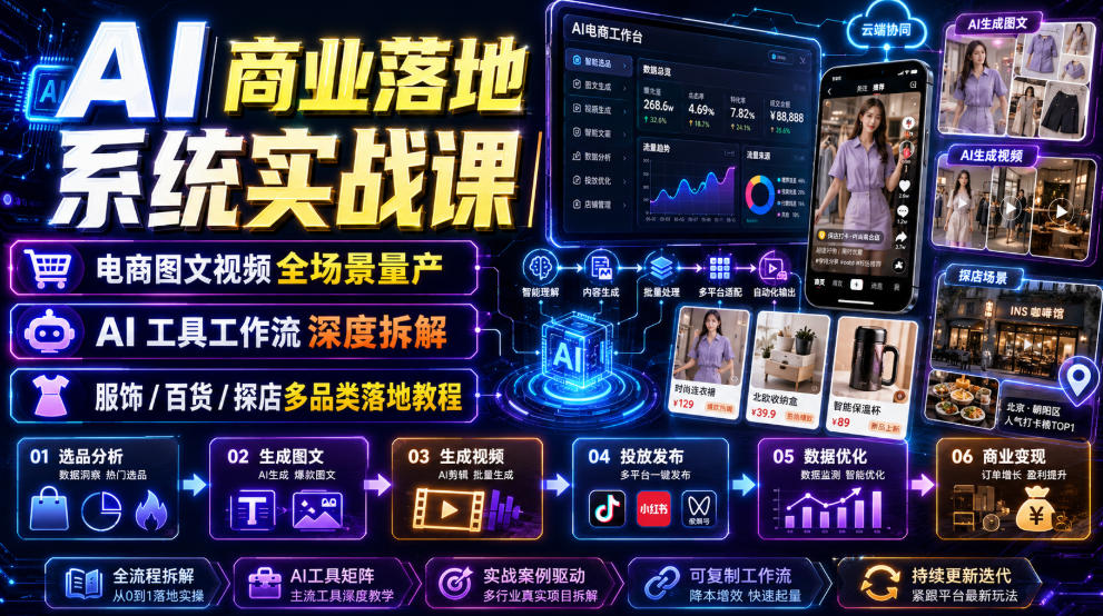 AI商业落地系统实战课|电商图文视频全场景量产・AI工具工作流深度拆解・服饰/百货/探店多品类落地教程-极客网创