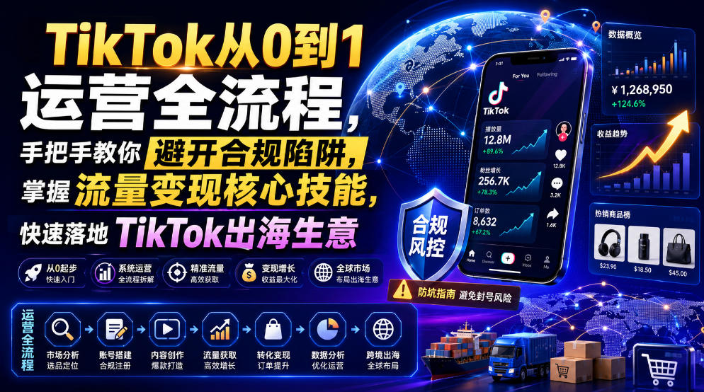 TikTok从0到1运营全流程,手把手教你避开合规陷阱,掌握流量变现核心技能,快速落地TikTok出海生意(更新7月)-极客网创