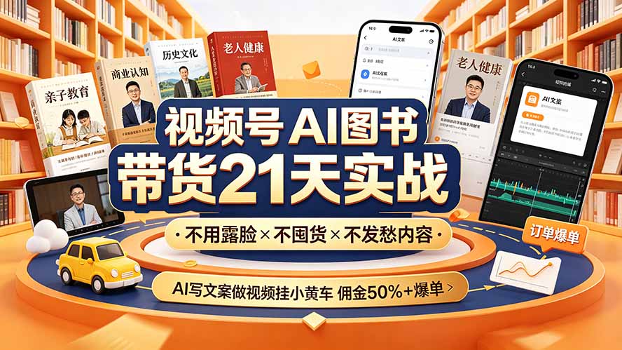 视频号AI图书带货21天实战:不用露脸×不囤货×不发愁内容,AI写文案做视频挂小黄车,佣金50%+爆单-极客网创