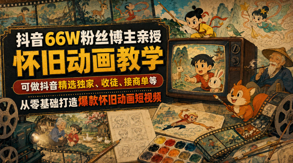 抖音66W粉丝博主亲授怀旧动画教学,可做抖音精选独家、收徒、接商单等,从零基础打造爆款怀旧动画短视频-极客网创