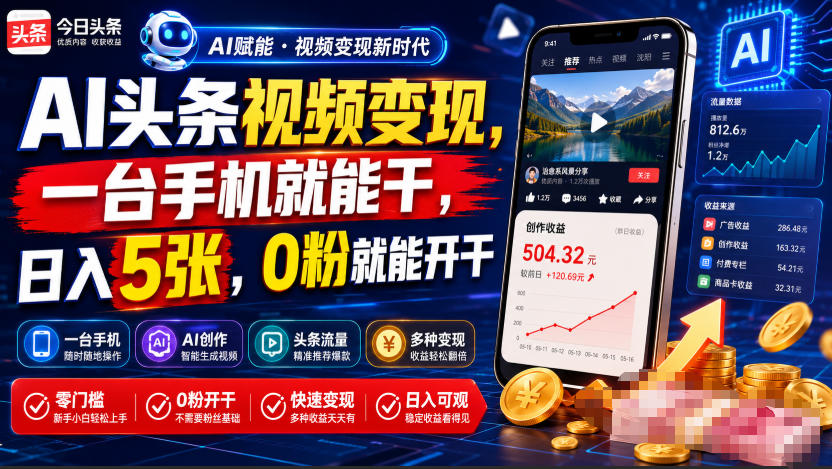 AI头条视频变现,一台手机就能干,日入5张,0粉就能开干-极客网创