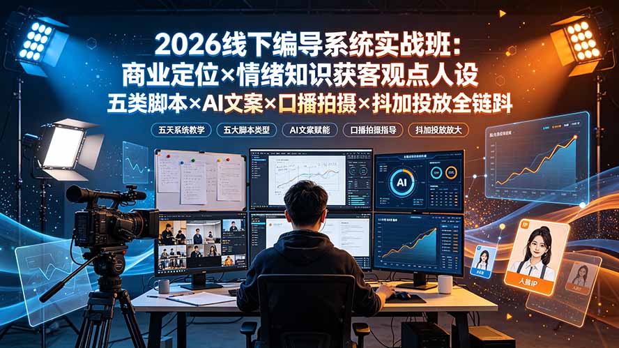 2026线下编导系统实战班:商业定位×情绪知识获客观点人设五类脚本×AI文案×口播拍摄×抖加投放全链路-极客网创
