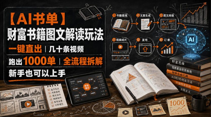 【AI书单】财富书籍图文解读玩法，一键直出，几十条视频，跑出1000单，全流程拆解，新手也可以上手-极客网创