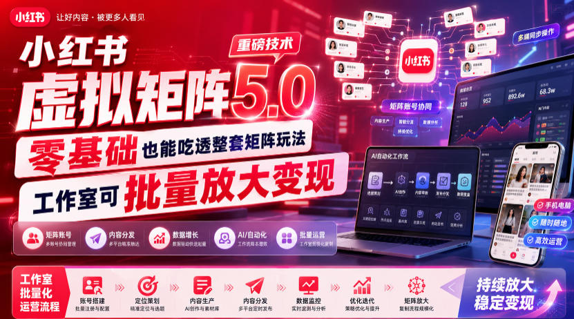 小红书虚拟矩阵5.0重磅技术，零基础也能吃透整套矩阵玩法，工作室可批量放大变现-极客网创