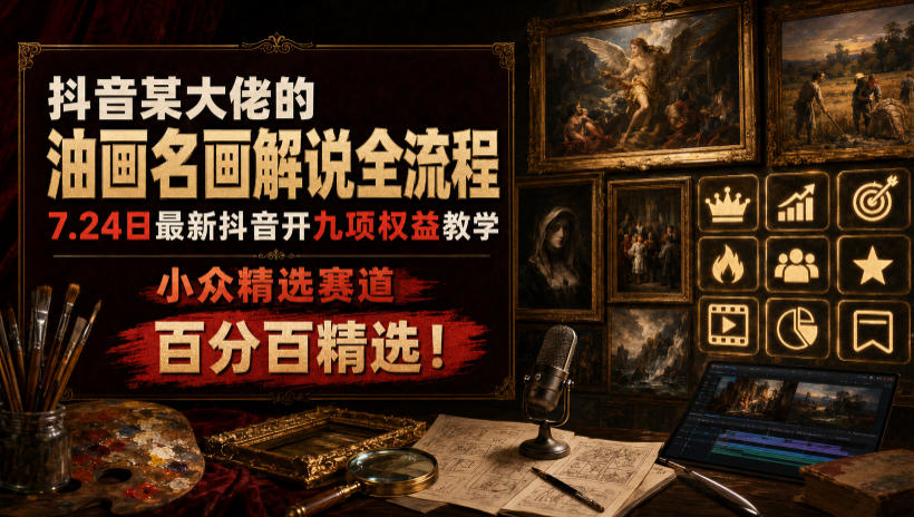 抖音某大佬的油画名画解说全流程，7.24日最新抖音开九项权益教学，小众精选赛道，百分百精选！-极客网创