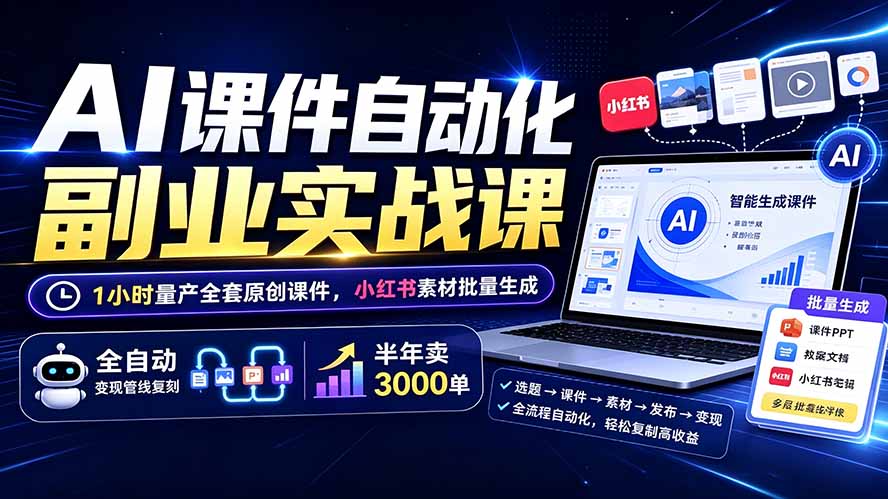 AI课件自动化副业实战课：1小时量产全套原创课件×小红书素材批量生成×全自动变现管线×半年卖3000单-极客网创