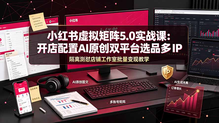 小红书虚拟矩阵5.0实战课:开店配置|AI原创|双平台选品|多IP隔离|测怼店铺工作室批量变现实操教学-极客网创