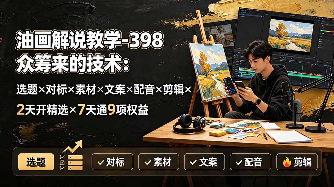 油画解说教学-398众筹来的技术：选题×对标×素材×文案×配音×剪辑×2天开精选×7天通9项权益-极客网创