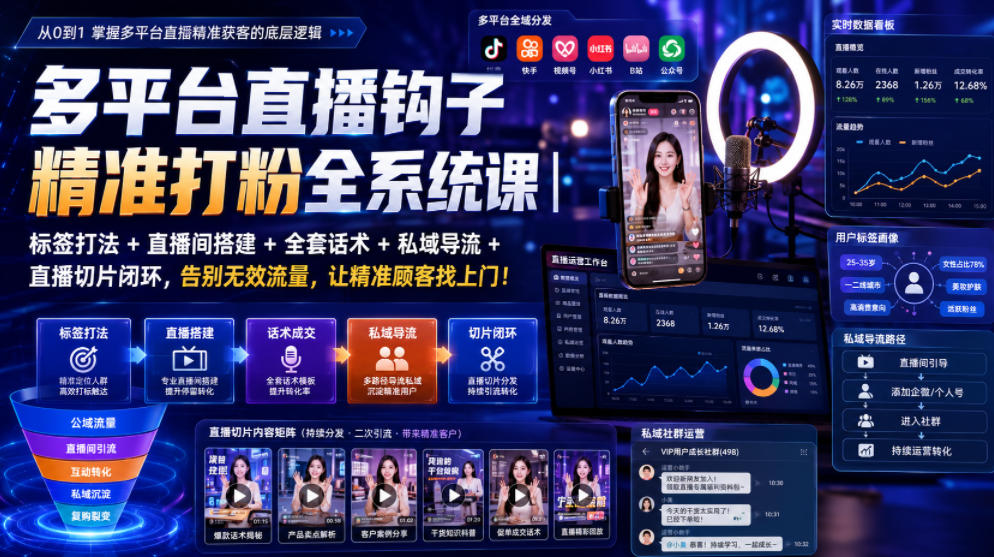 多平台直播钩子精准打粉全系统课|标签打法+直播间搭建+全套话术+私域导流+直播切片闭环,告别无效流量,让精准顾客找上门!-极客网创