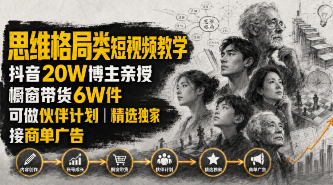 人性思维格局类短视频教学,抖音20W博主亲授,橱窗带货6W件,可做伙伴计划、精选独家、接商单广告-极客网创