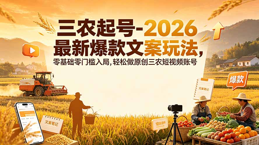三农起号-2026 最新爆款文案玩法,零基础零门槛入局,轻松做原创三农短视频账号-极客网创