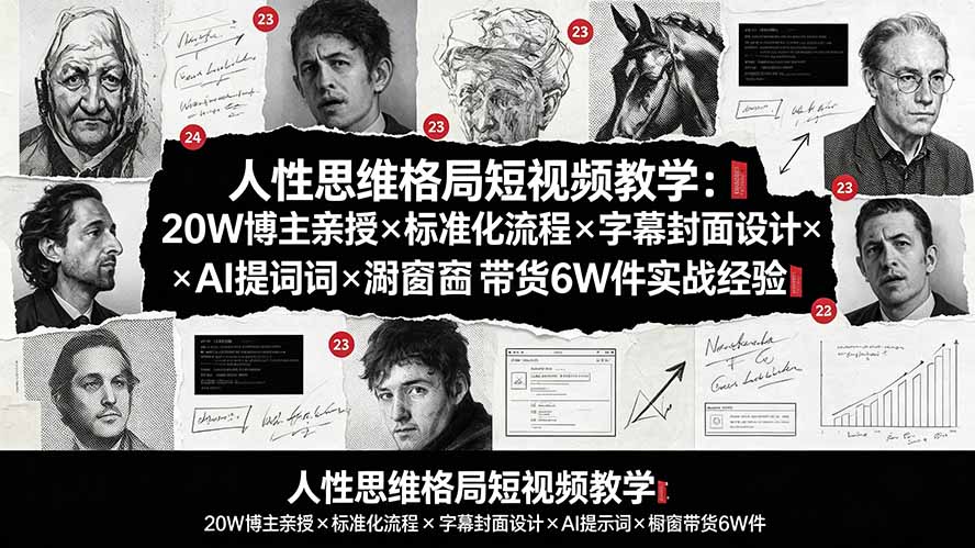 人性思维格局短视频教学:20W博主亲授×标准化流程×字幕封面设计×AI提示词×橱窗带货6W件实战经验-极客网创