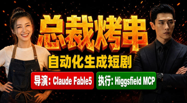 Claude Fable5担任导演+Higgsfield MCP落地执行|《总裁烤串》真人质感短剧全自动AI生成全流程教学-极客网创