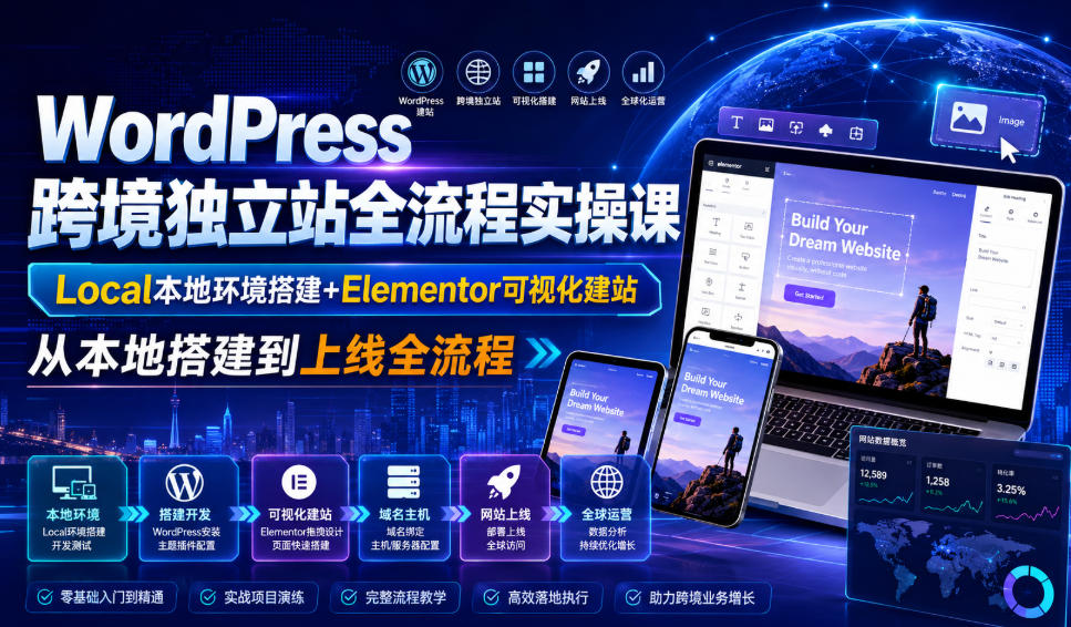 WordPress跨境独立站全流程实操课|Local本地环境搭建+Elementor可视化建站,从本地搭建到上线全流程-极客网创