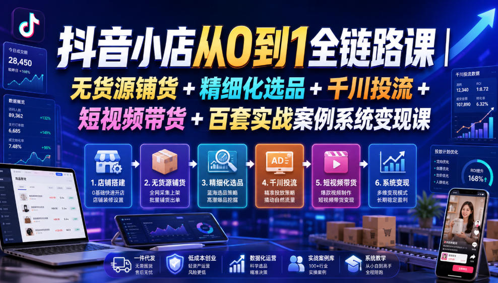 抖音小店从0到1全链路课|无货源铺货+精细化选品+千川投流+短视频带货+百套实战案例系统变现课(2026年7月更新)-极客网创