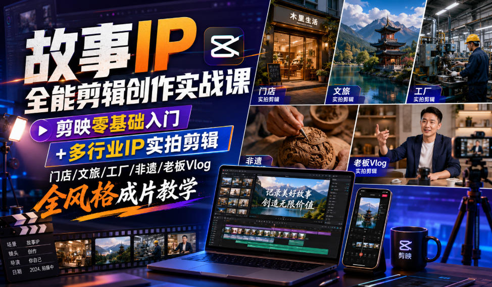 故事IP全能剪辑创作实战课|剪映零基础入门+多行业IP实拍剪辑,门店/文旅/工厂/非遗/老板Vlog全风格成片教学-极客网创
