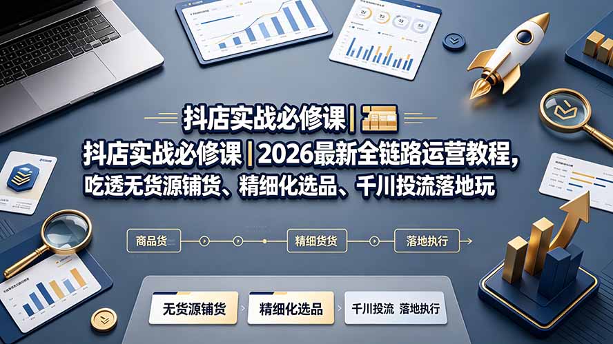 抖店实战必修课|2026最新全链路运营教程,吃透无货源铺货、精细化选品、千川投流落地玩法-极客网创