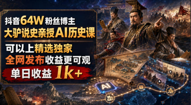 抖音64W粉丝博主大驴说史亲授AI历史课,可以上精选独家,全网发布收益更可观,单日收益1k+-极客网创