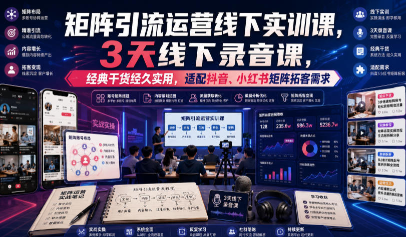 嗨推矩阵引流运营线下实训课,3天线下录音课,经典干货经久实用,适配抖音、小红书矩阵拓客需求-极客网创