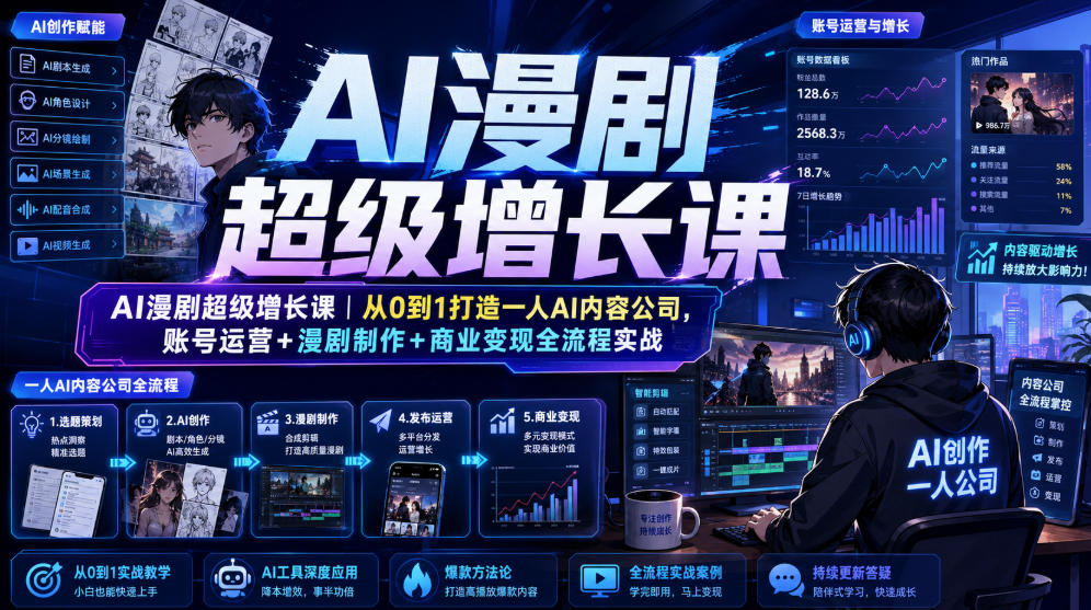 AI漫剧超级增长课|从0到1打造一人AI内容公司,账号运营+漫剧制作+商业变现全流程实战-极客网创