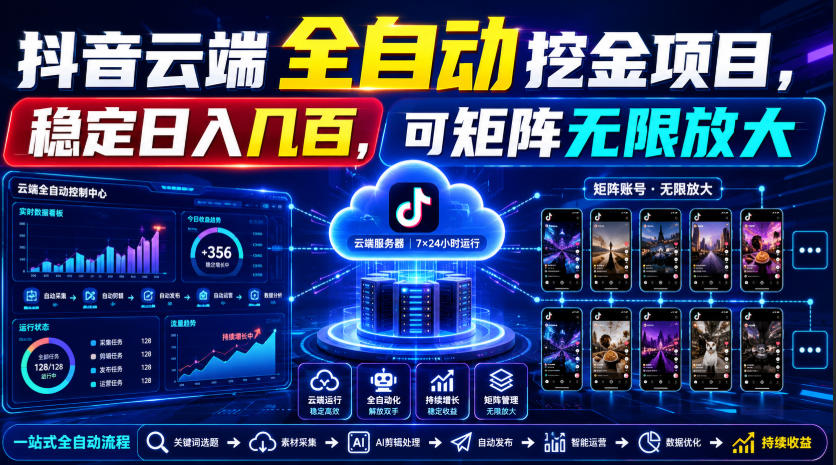 Dy云端全自动挖金项目，稳定日入几百，可矩阵无限放大！【揭秘】-极客网创