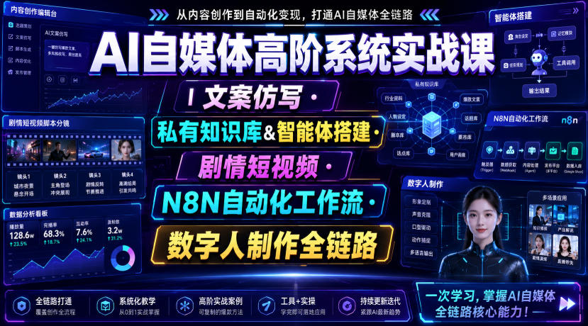 AI自媒体高阶系统实战课｜文案仿写・私有知识库&智能体搭建・剧情短视频・N8N自动化工作流・数字人制作全链路-极客网创