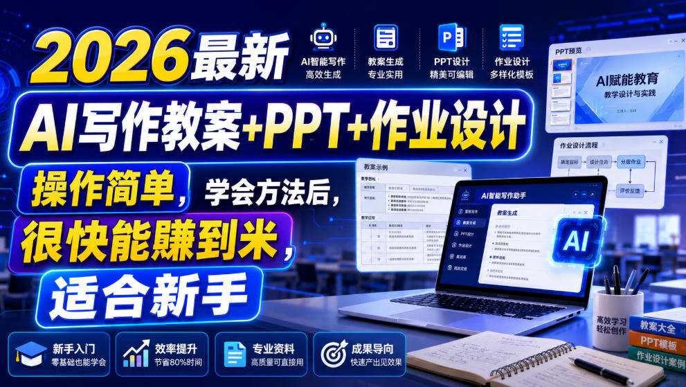 2026最新AI写作教案+PPT+作业设计，操作简单，学会方法后，很快能賺到米，适合新手-极客网创