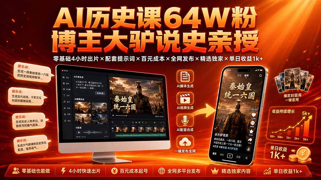 AI历史课64W粉博主大驴说史亲授：零基础4小时出片×配套提示词×百元成本×全网发布×精选独家×单日收益1k+-极客网创