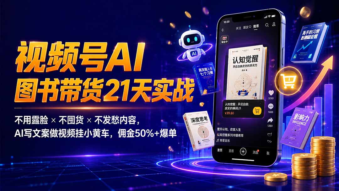 繁花视频号AI图书带货21天实战：不用露脸×不囤货×不发愁内容，AI写文案做视频挂小黄车，佣金50%+爆单-极客网创
