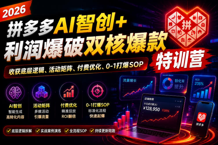 2026拼多多AI智创+利润爆破双核爆款特训营，收获底层逻辑、活动矩阵、付费优化、0-1打爆SOP(更新0727)-极客网创