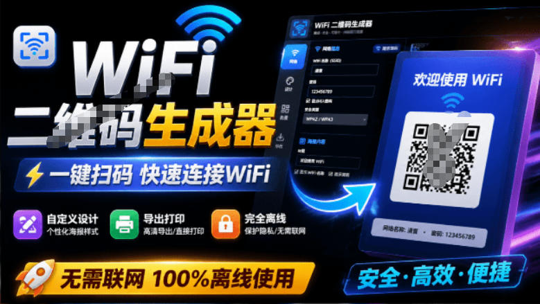完全离线使用！WiFi二维码生成器，一键扫码快速连接WiFi，支持自定义风格导出WiFi二维码生成器-极客网创