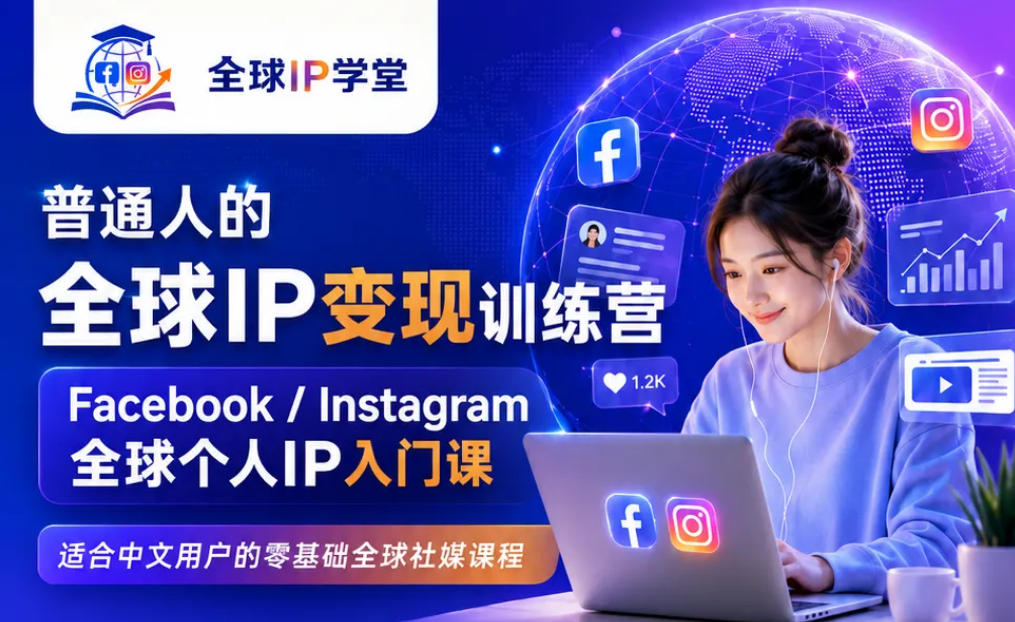 普通人的全球IP变现训练营，Facebook/Instagram全球个人IP入门课，零基础全球社媒课程-极客网创