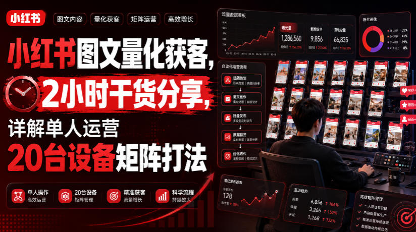 小红书图文量化获客，2小时干货分享，详解单人运营20台设备矩阵打法-极客网创