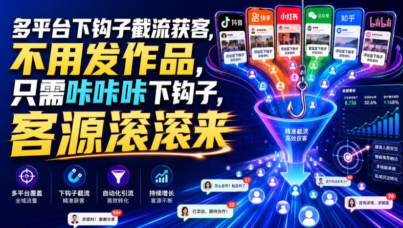 多平台下钩子截流获客，不用发作品，只需咔咔咔下钩子，客源滚滚来-极客网创