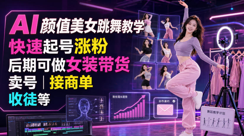 AI颜值美女跳舞教学，快速起号涨粉，后期可做女装带货，卖号，接商单，收徒等-极客网创