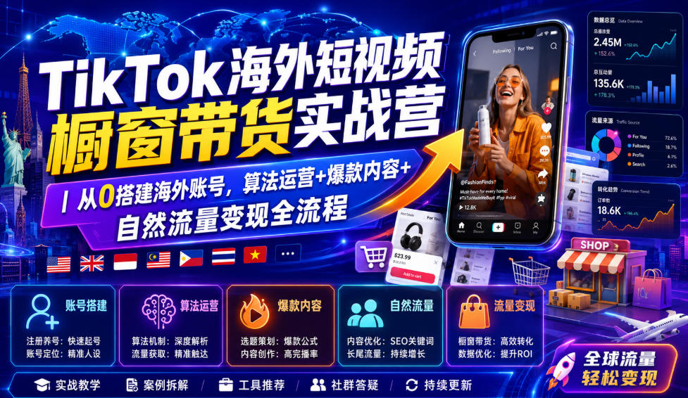 TikTok海外短视频橱窗带货实战营|从0搭建海外账号,算法运营+爆款内容+自然流量变现全流程-极客网创
