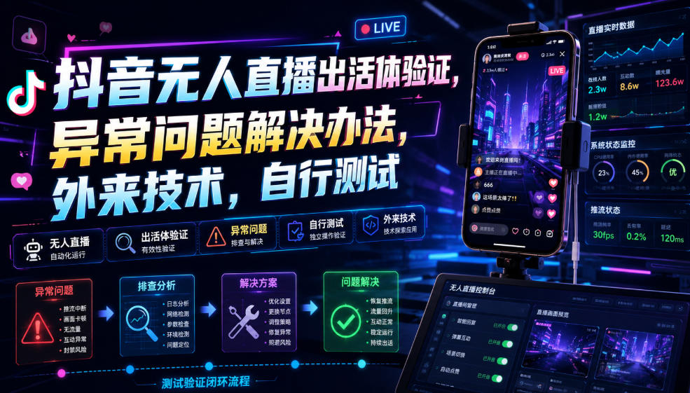抖音无人直播出活体验证,异常问题解决办法,外来技术,自行测试-极客网创