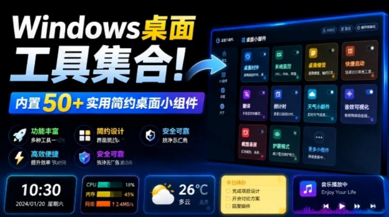Windows桌面工具集合！内置50+实用简约桌面小组件，含截图、录屏、翻译、天气等，多秘工具箱-极客网创
