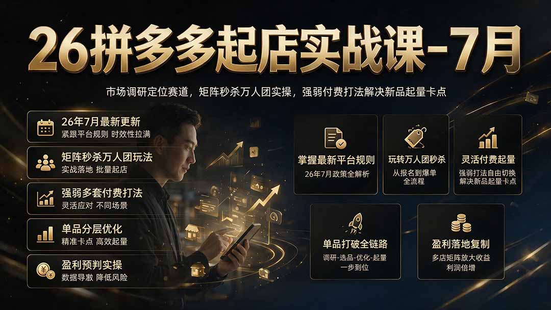 26拼多多起店实战课-7月｜市场调研定位赛道，矩阵秒杀万人团实操，强弱付费打法解决新品起量卡点-极客网创