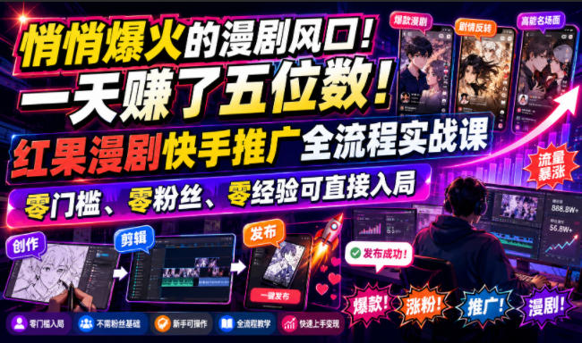 悄悄爆火的漫剧风口！一天賺了五位数！红果漫剧快手推广全流程实战课，零门槛、零粉丝、零经验可直接入局-极客网创