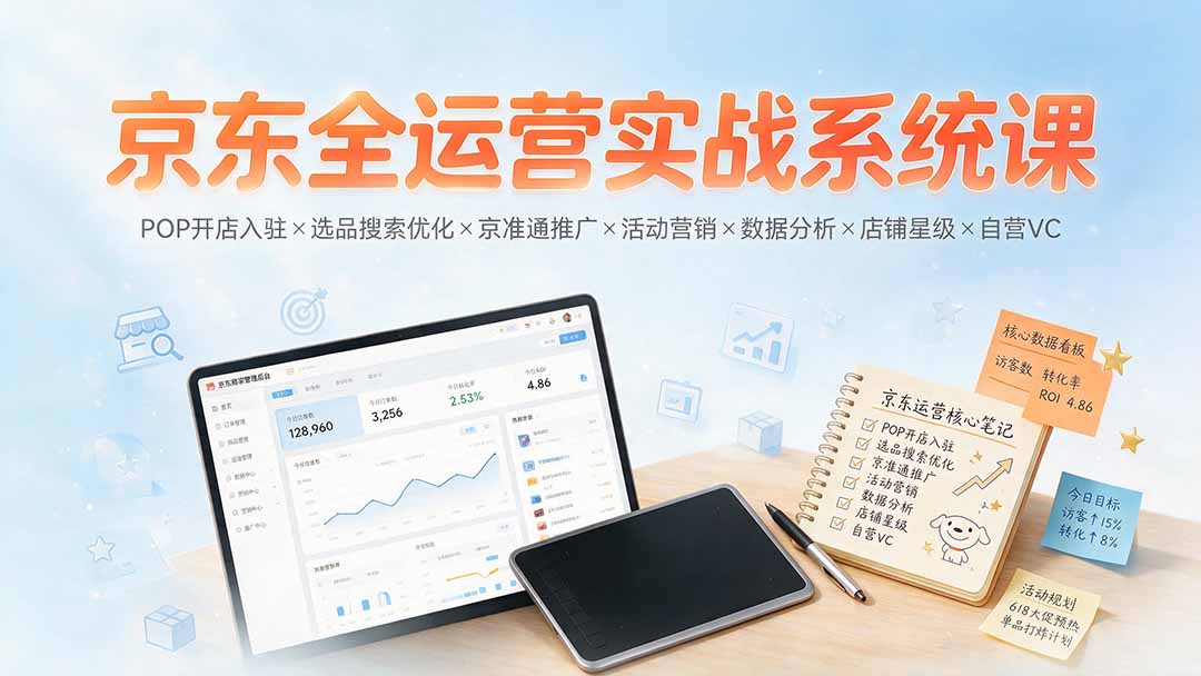 京东全运营实战系统课：POP开店入驻×选品搜索优化×京准通推广×活动营销×数据分析×店铺星级×自营VC-极客网创
