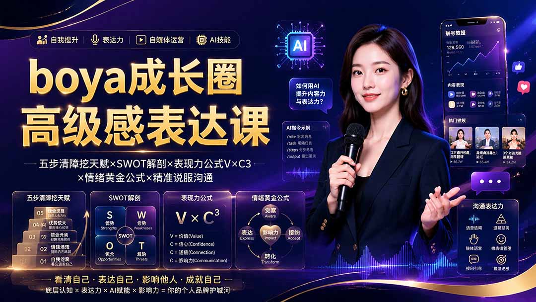 boya成长圈｜内心成长高级表达AI自媒体三合一，消解内耗挖掘天赋，镜头沟通AI指令短视频全流程教学-极客网创