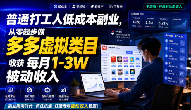 普通打工人低成本副业，从零起步做多多虚拟类目，收获每月1-3W被动收入【揭秘】-极客网创