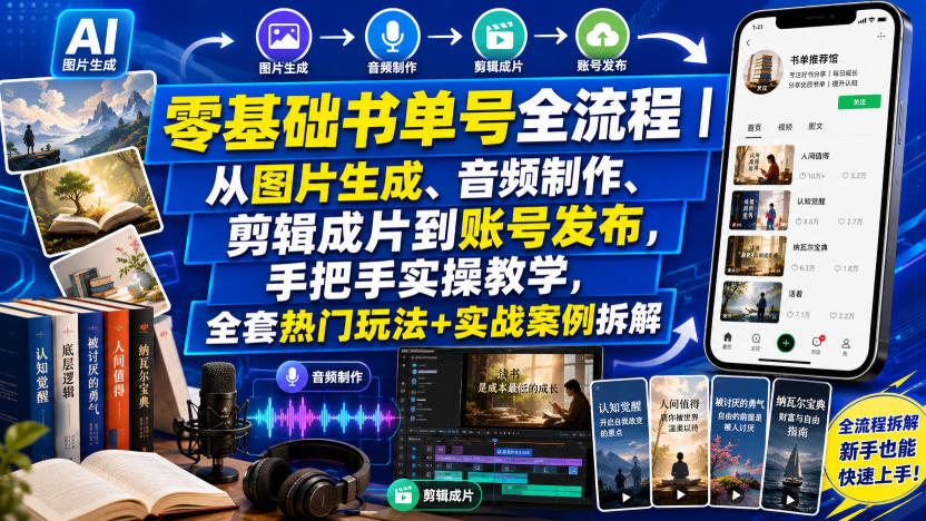 零基础书单号全流程|从图片生成、音频制作、剪辑成片到账号发布,手把手实操教学,全套热门玩法+实战案例拆解-极客网创