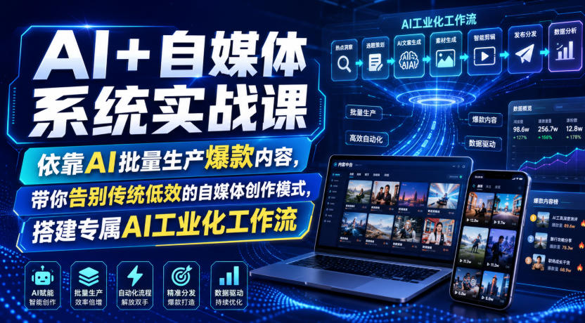 AI+自媒体系统实战课,依靠AI批量生产爆款内容,带你告别传统低效的自媒体创作模式,搭建专属AI工业化工作流-极客网创