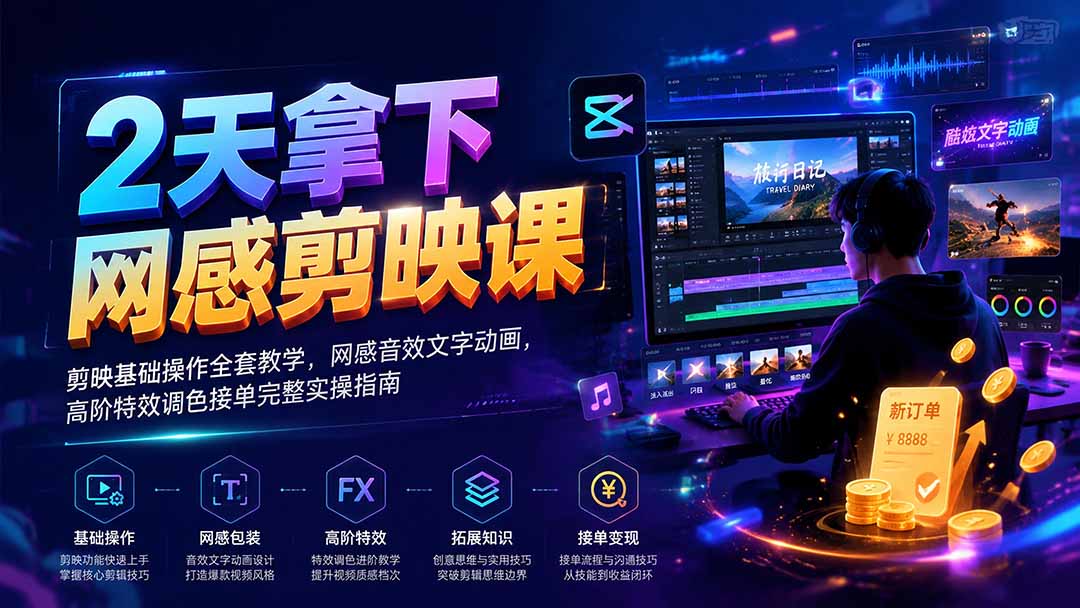 2天拿下网感剪辑课|剪映基础操作全套教学,网感音效文字动画,高阶特效调色接单完整实操指南-极客网创