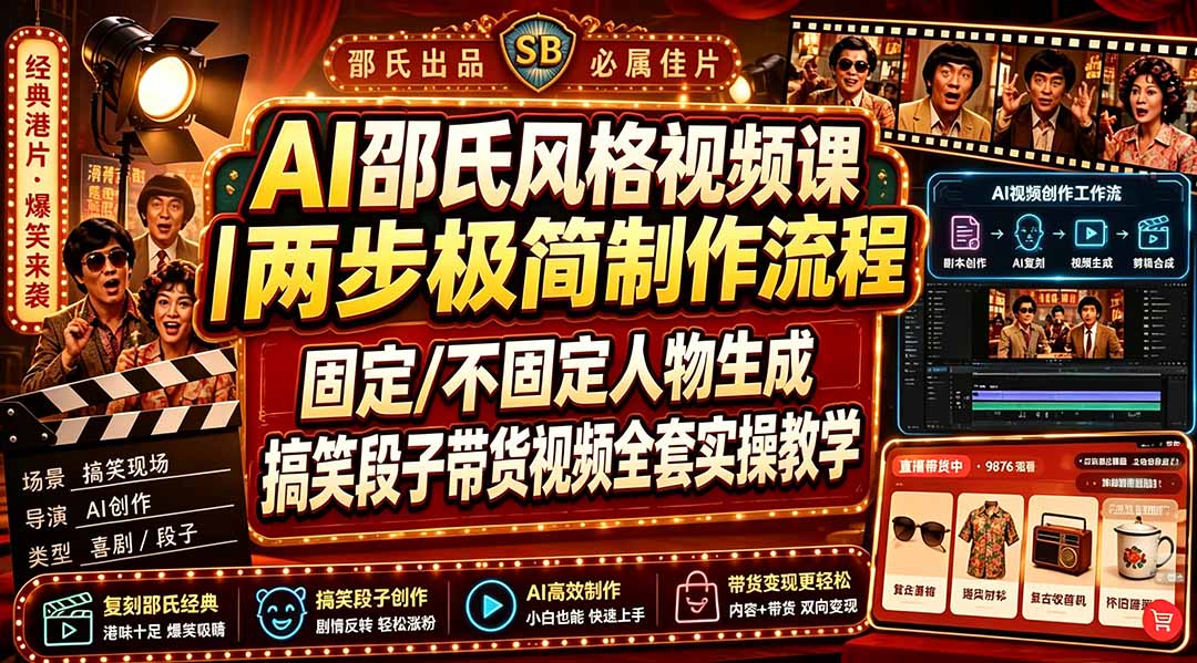 AI邵氏风格视频课|两步极简制作流程,固定/不固定人物生成,搞笑段子带货视频全套实操教学-极客网创