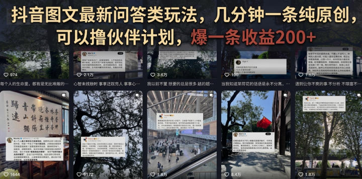 抖音图文最新问答类玩法,几分钟一条纯原创,可以撸伙伴计划,爆一条收益200+-极客网创