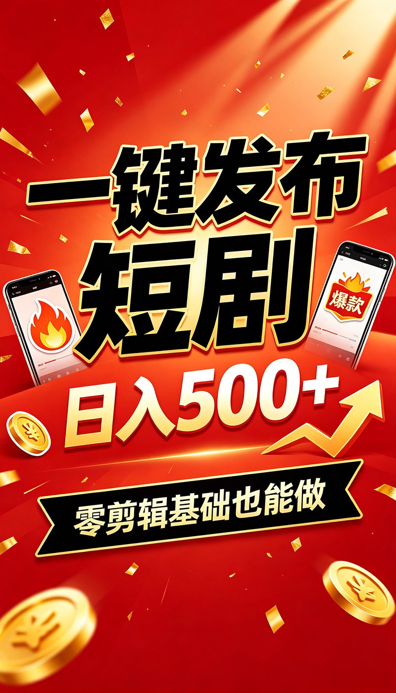 快手短剧一键发布,不用剪辑操作简单,副业日入500+。空闲时间轻松赚收益-极客网创